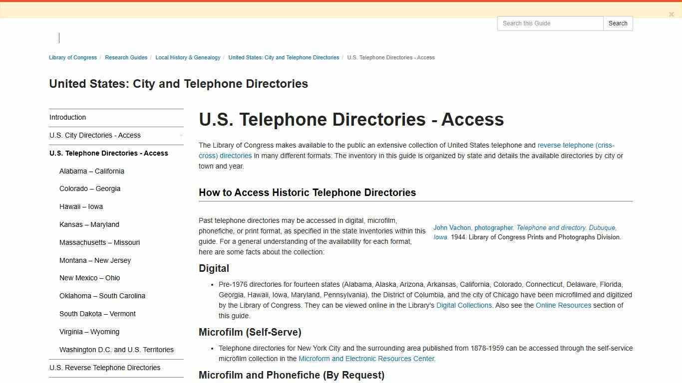 U.S. Telephone Directories - Access - United States: City and Telephone Directories - Research Guides at Library of Congress